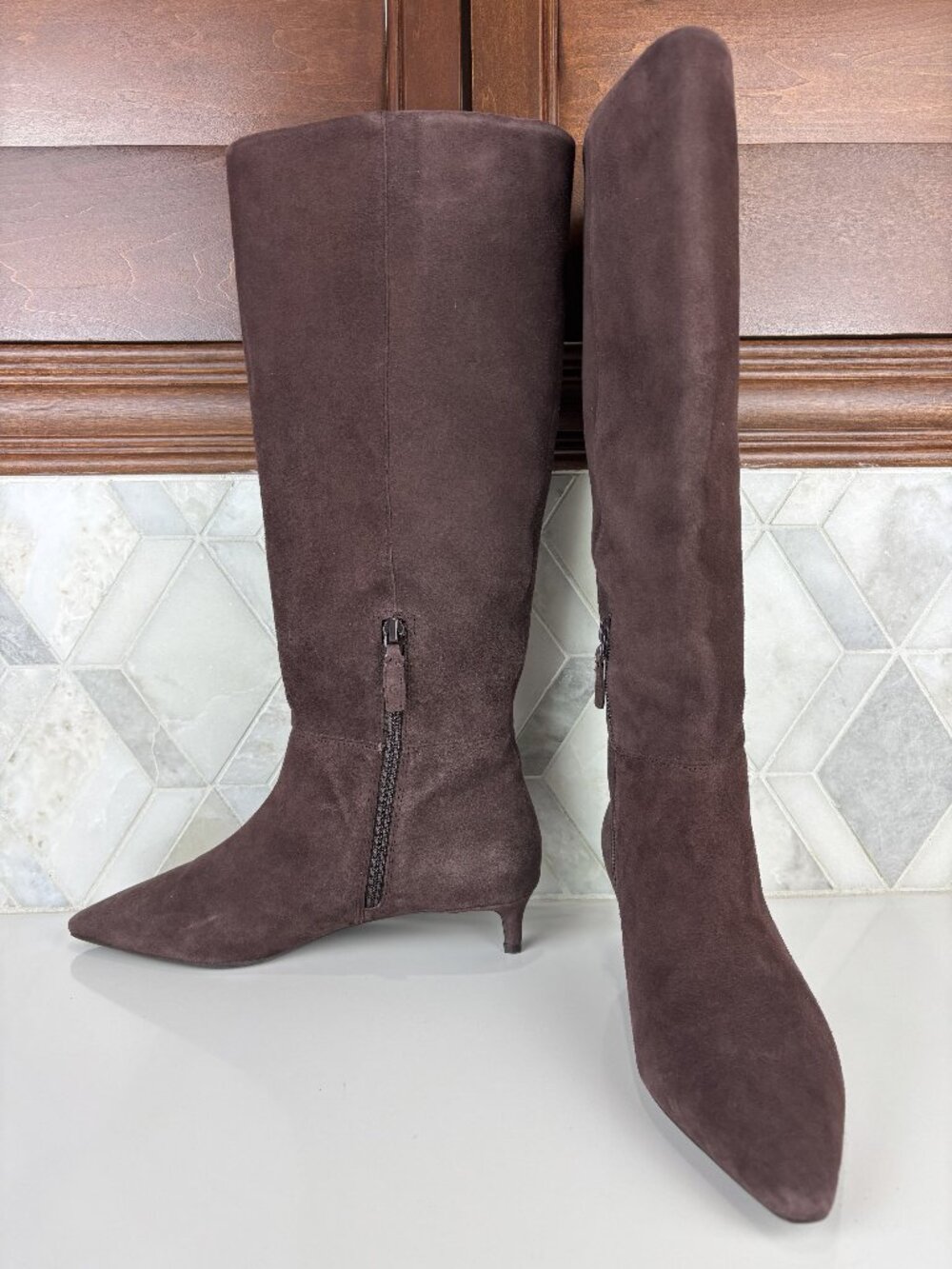 7.5 Cole Haan Go To Janece Pointed Toe Kitten Heel Knee High Tall Boot Zip Ankle